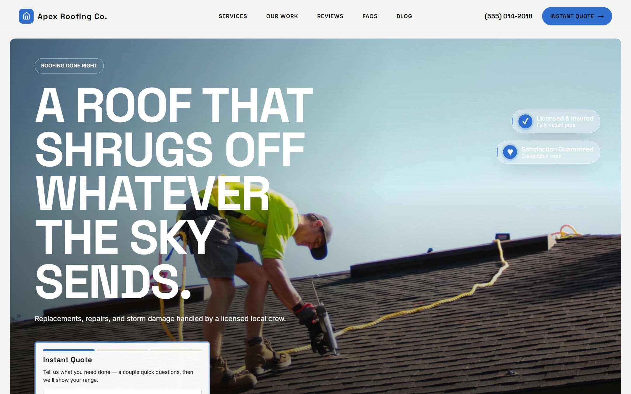 Generated Apex Roofing contractor website with an Instant Quote form visible in the hero.
