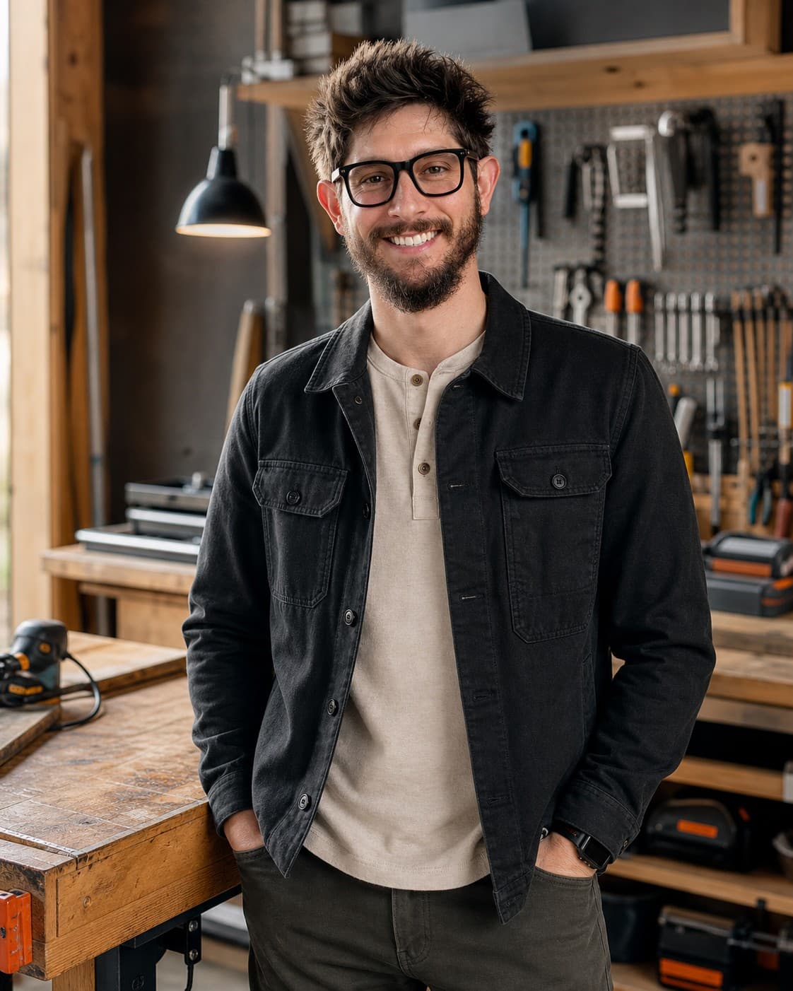 Brett, founder of Let's Get Quoted, working at a workshop workbench
