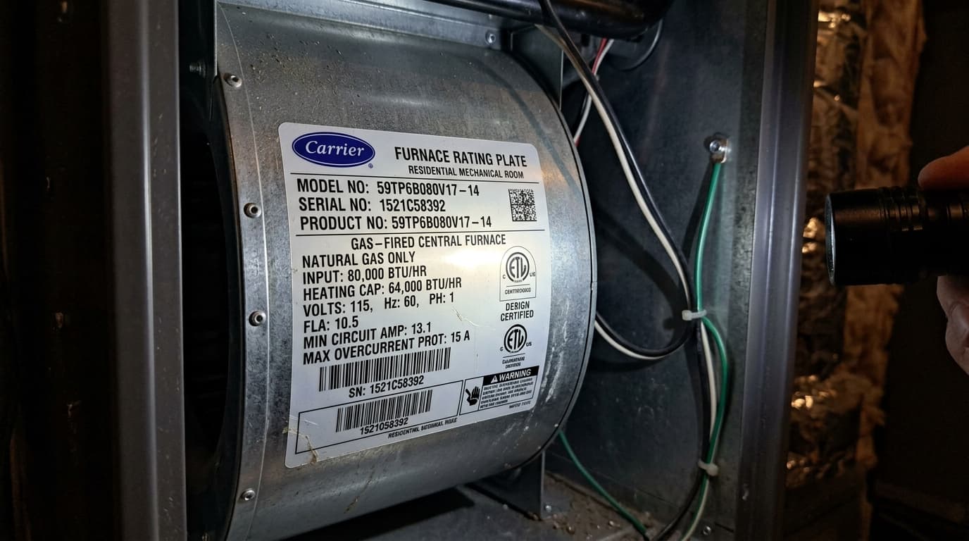 Carrier gas furnace rating plate OCR inspection showing model 59TP6B and 80,000 BTU input