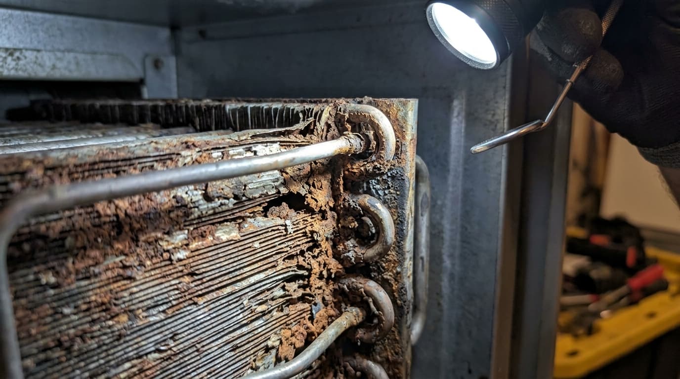 Close-up inspection photo of secondary coil showing severe flame rollout rust and corrosion breach