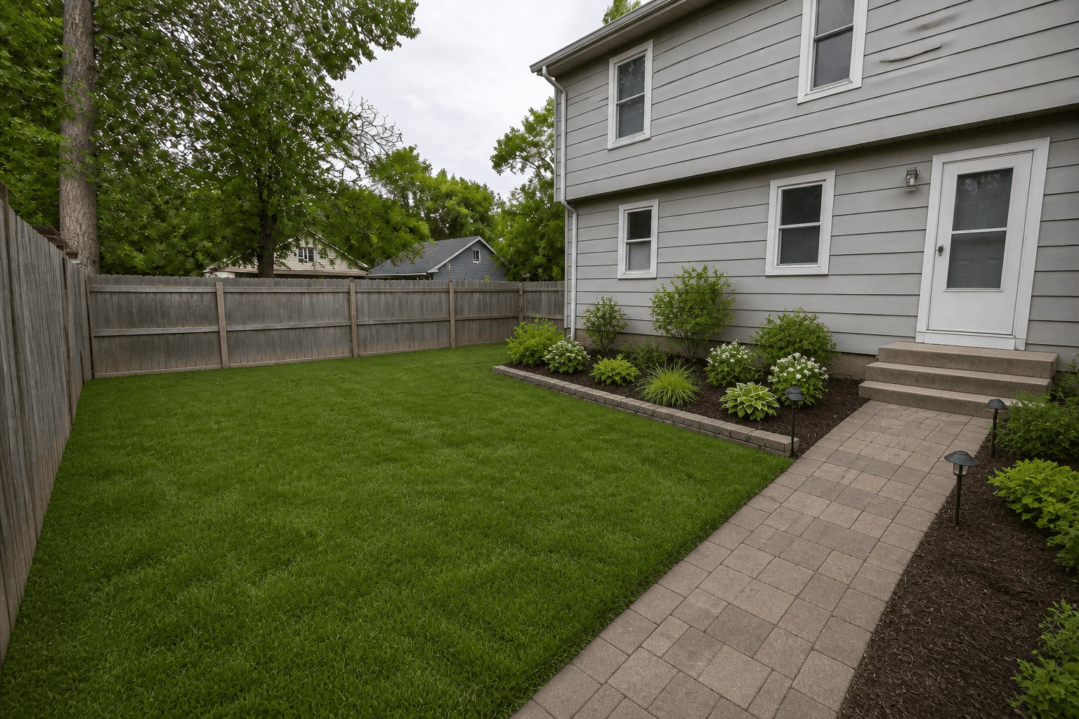 Finished Kansas City backyard with new sod, a paver walkway, edged planting beds, and path lights