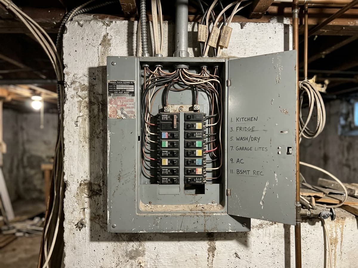 Basement Federal Pacific electrical panel with breakers and wiring