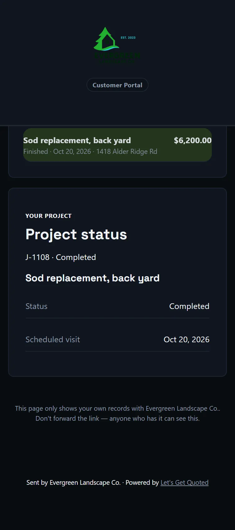 Tom’s customer page on a phone: project status for the sod replacement at 1418 Alder Ridge Rd.