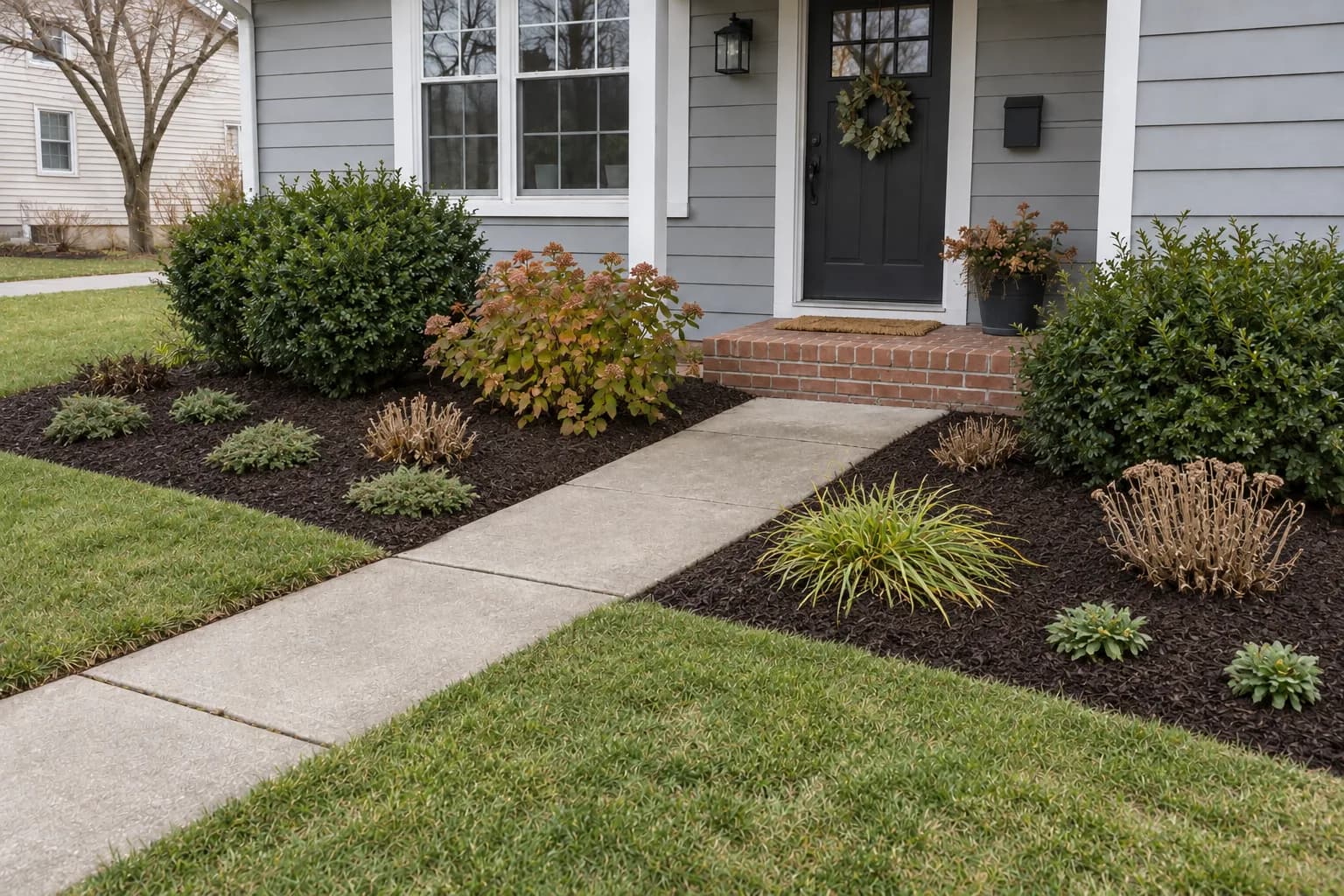 Same illustrative planting beds after cleanup, edging, and fresh mulch