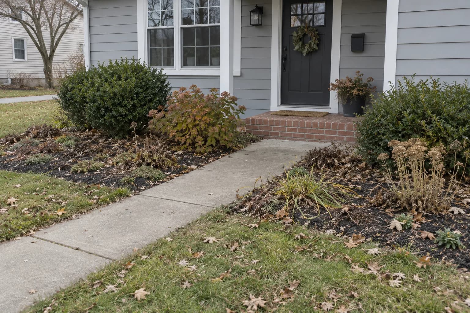 Illustrative planting beds with scattered leaves before cleanup