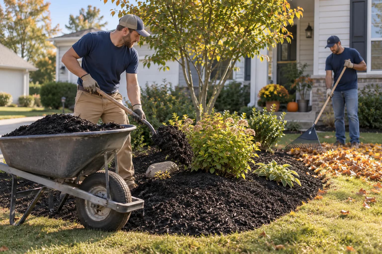 Illustrative landscaping crew spreading mulch at a residential planting bed