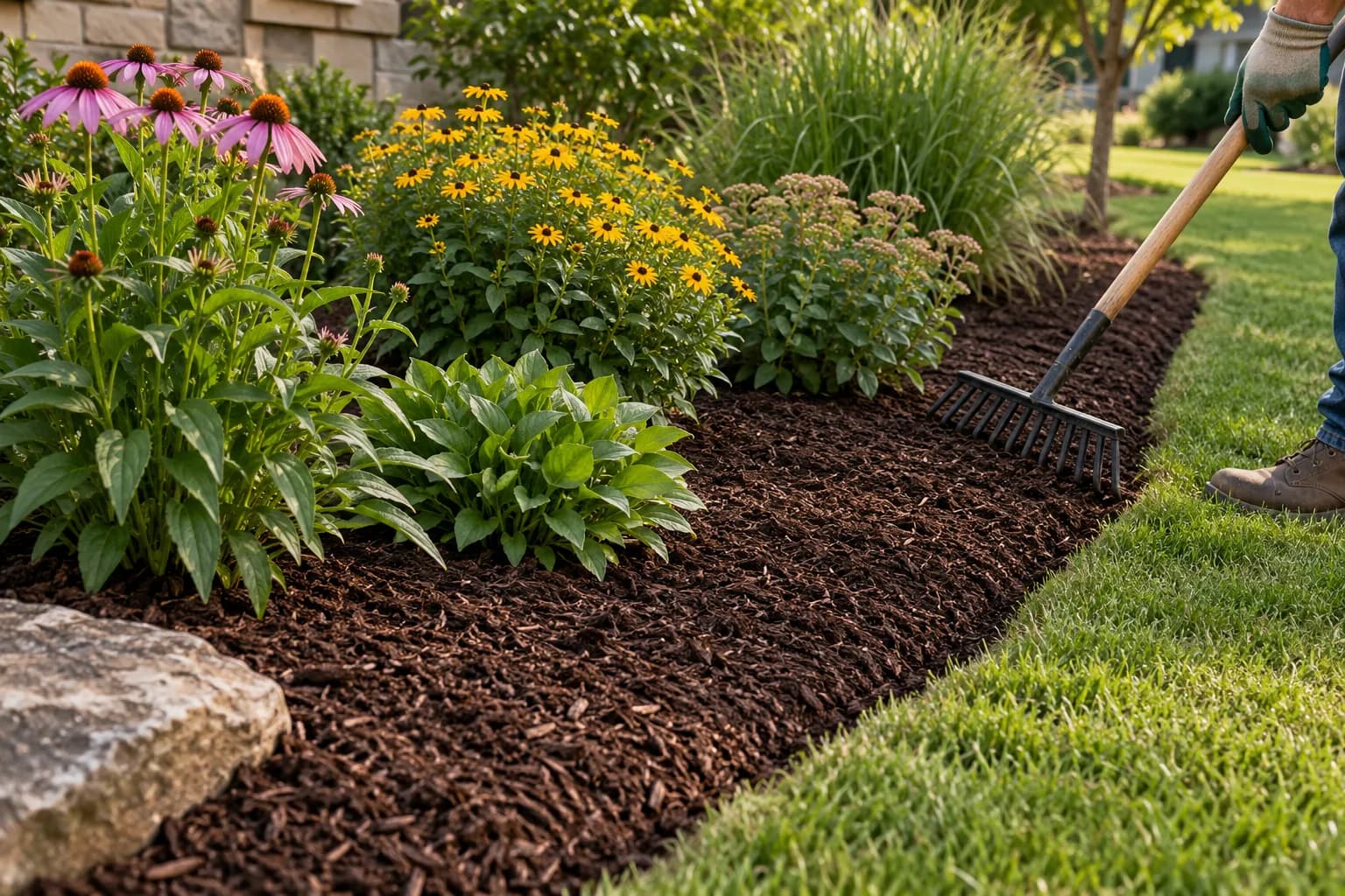 Illustrative close view of an edged bed with mulch and native plants