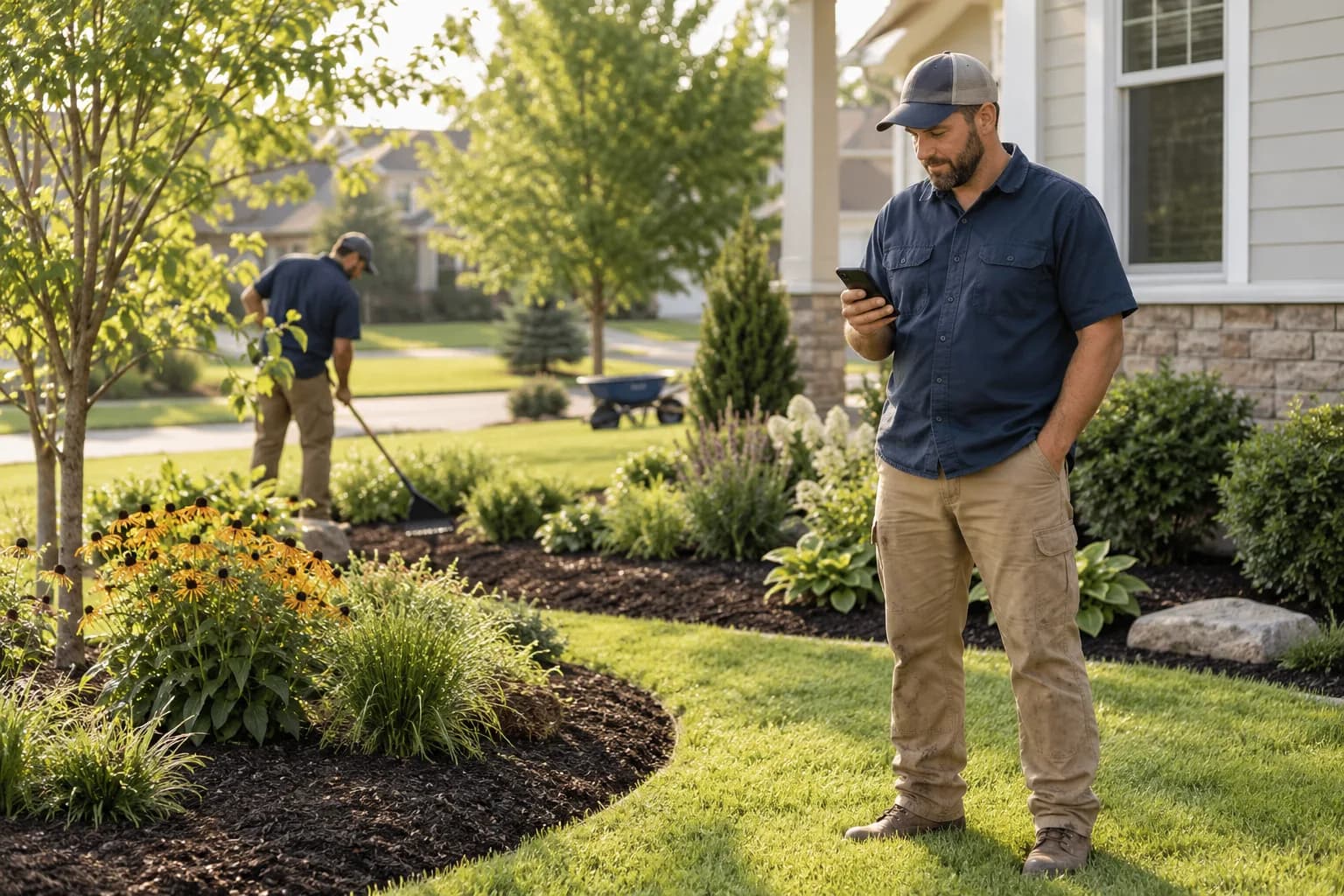 Illustrative landscaper checking a phone beside a mulched planting bed