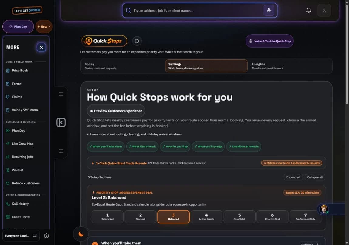 Set your Quick Stops rules in the fictional Evergreen landscaping test workspace