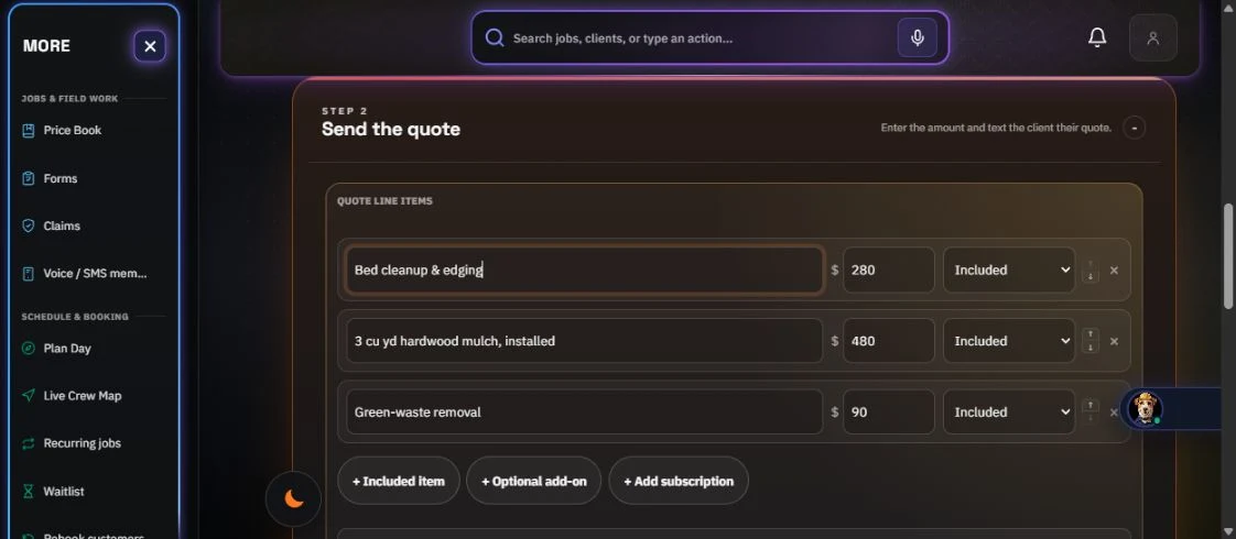 Build an itemized quote in the fictional Evergreen landscaping test workspace