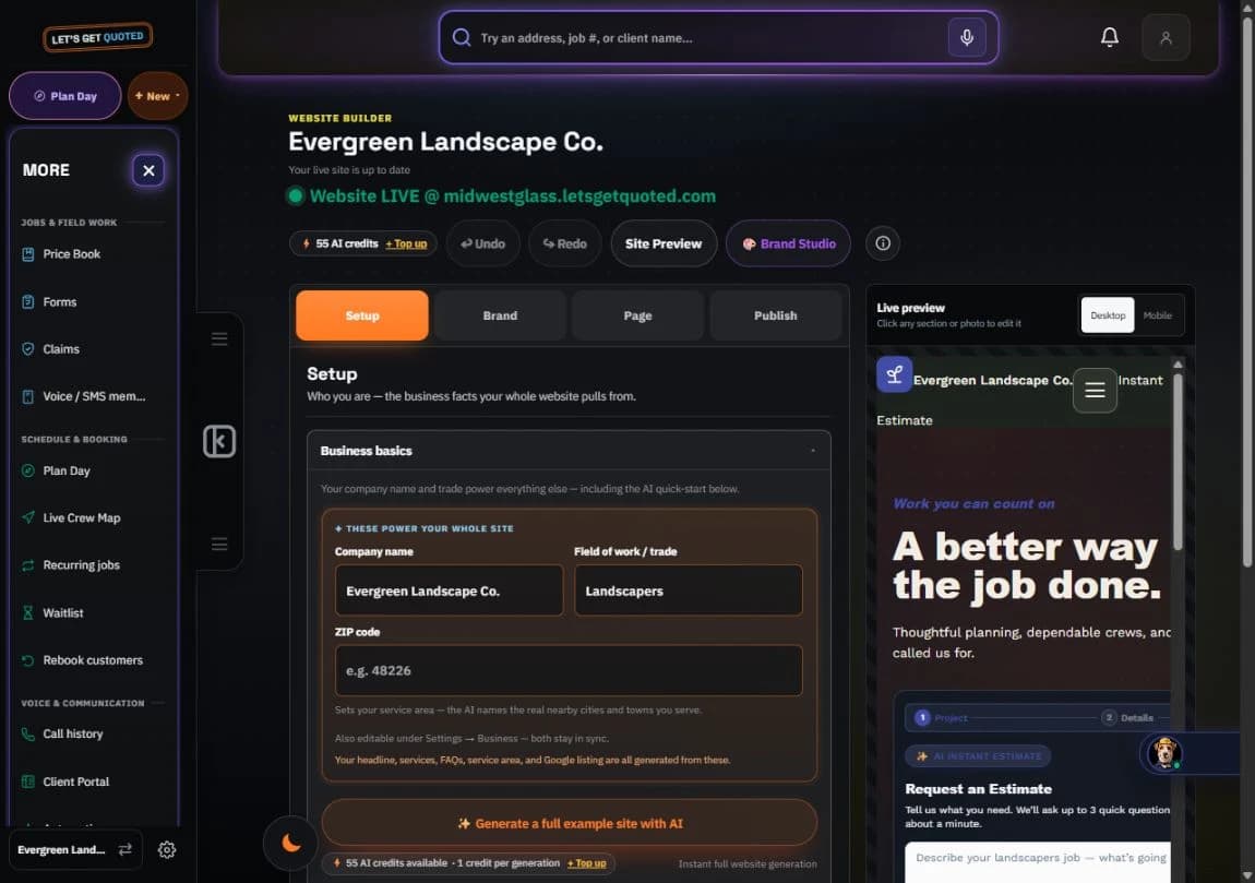 Make the website yours in the fictional Evergreen landscaping test workspace