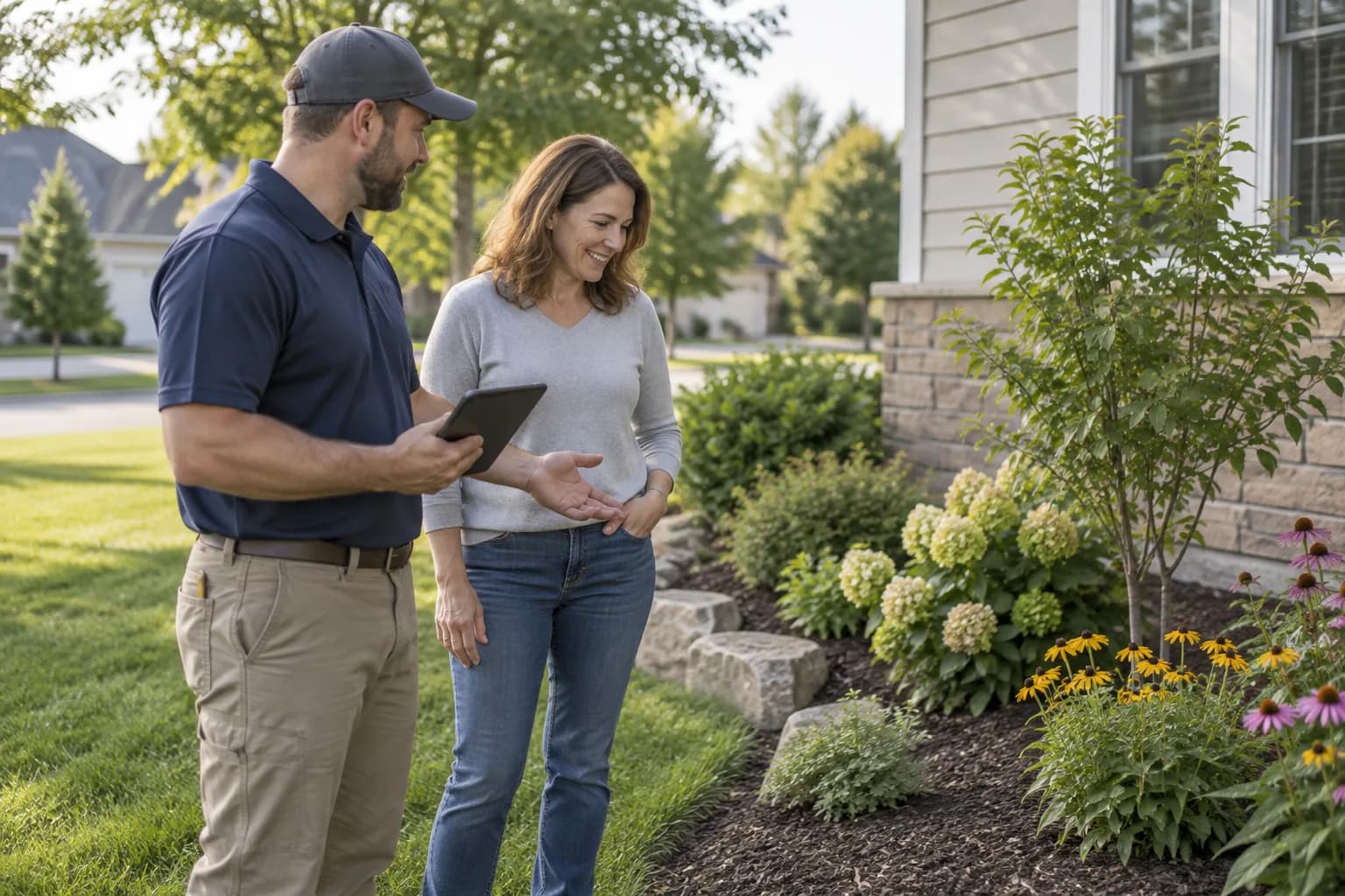 Illustrative landscaper and homeowner discussing a planting bed