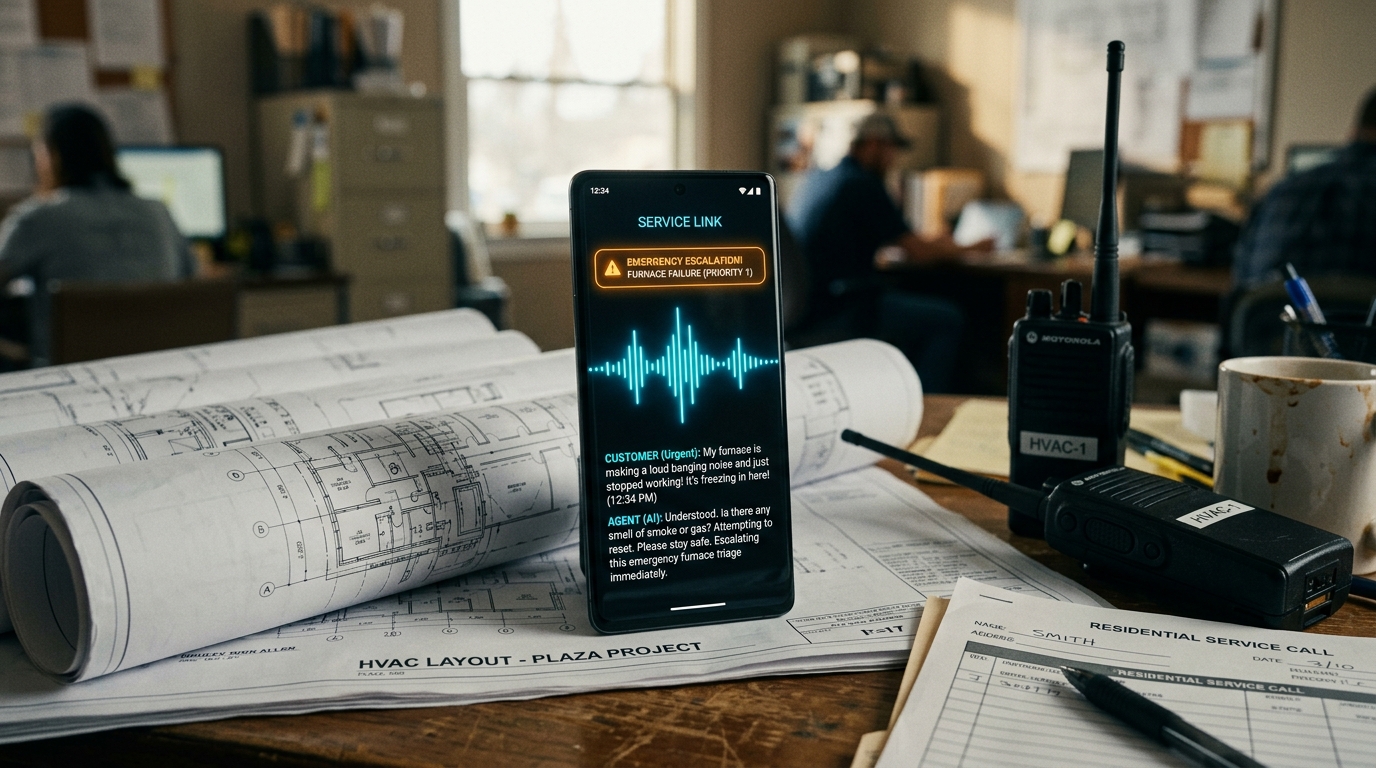 Smartphone showing an AI receptionist call transcript with emergency triage alert on a contractor desk