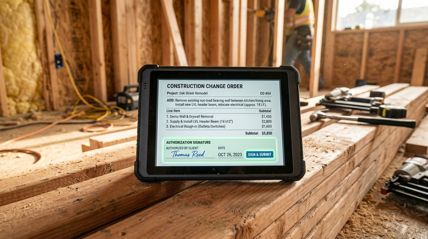Rugged construction tablet resting on 2x4 framing displaying an approved digital change order with signature
