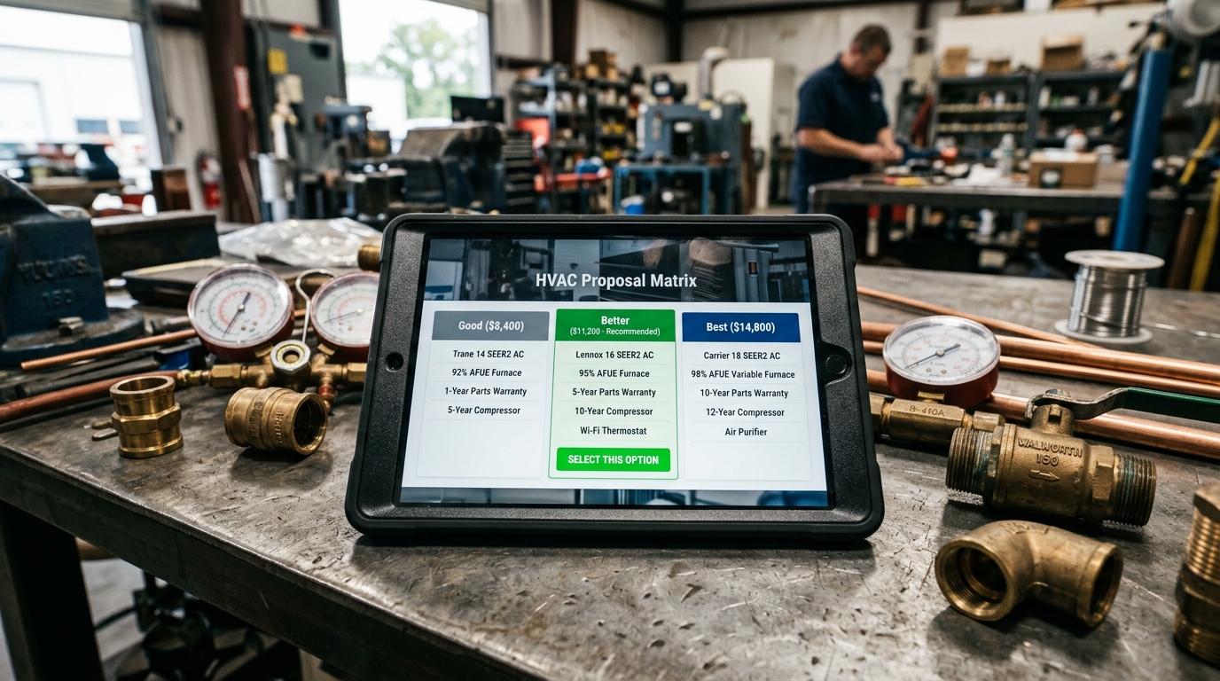Tablet on a workshop bench displaying a 3-column Good Better Best HVAC quote with warranty tiers