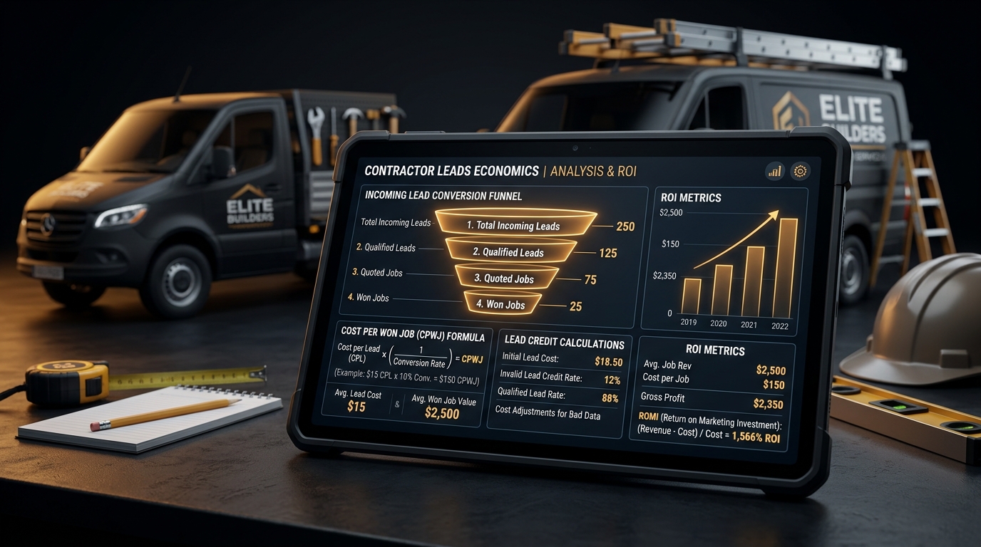 Financial model comparing contractor lead acquisition costs and cost per won job on a laptop display