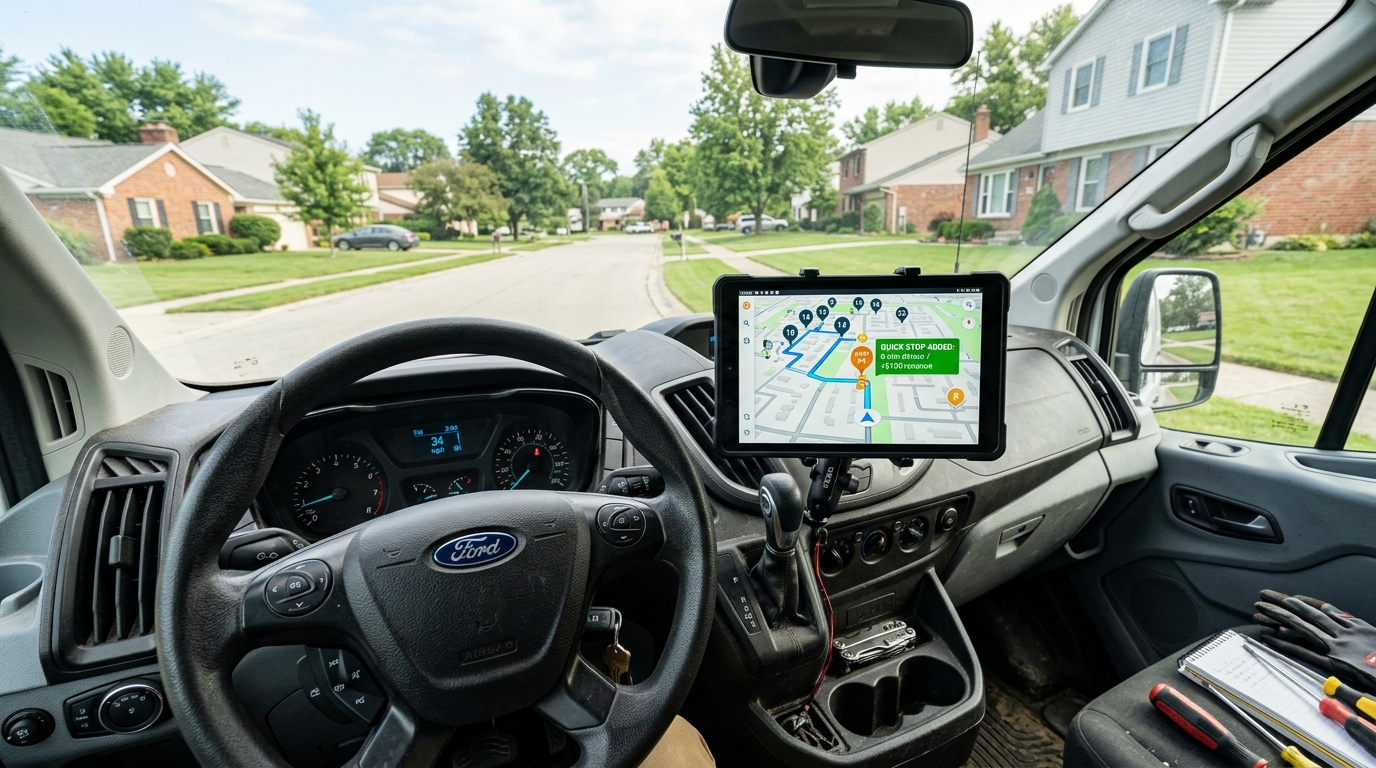 Service van dashboard tablet displaying an optimized multi-stop route map with a high-margin quick stop