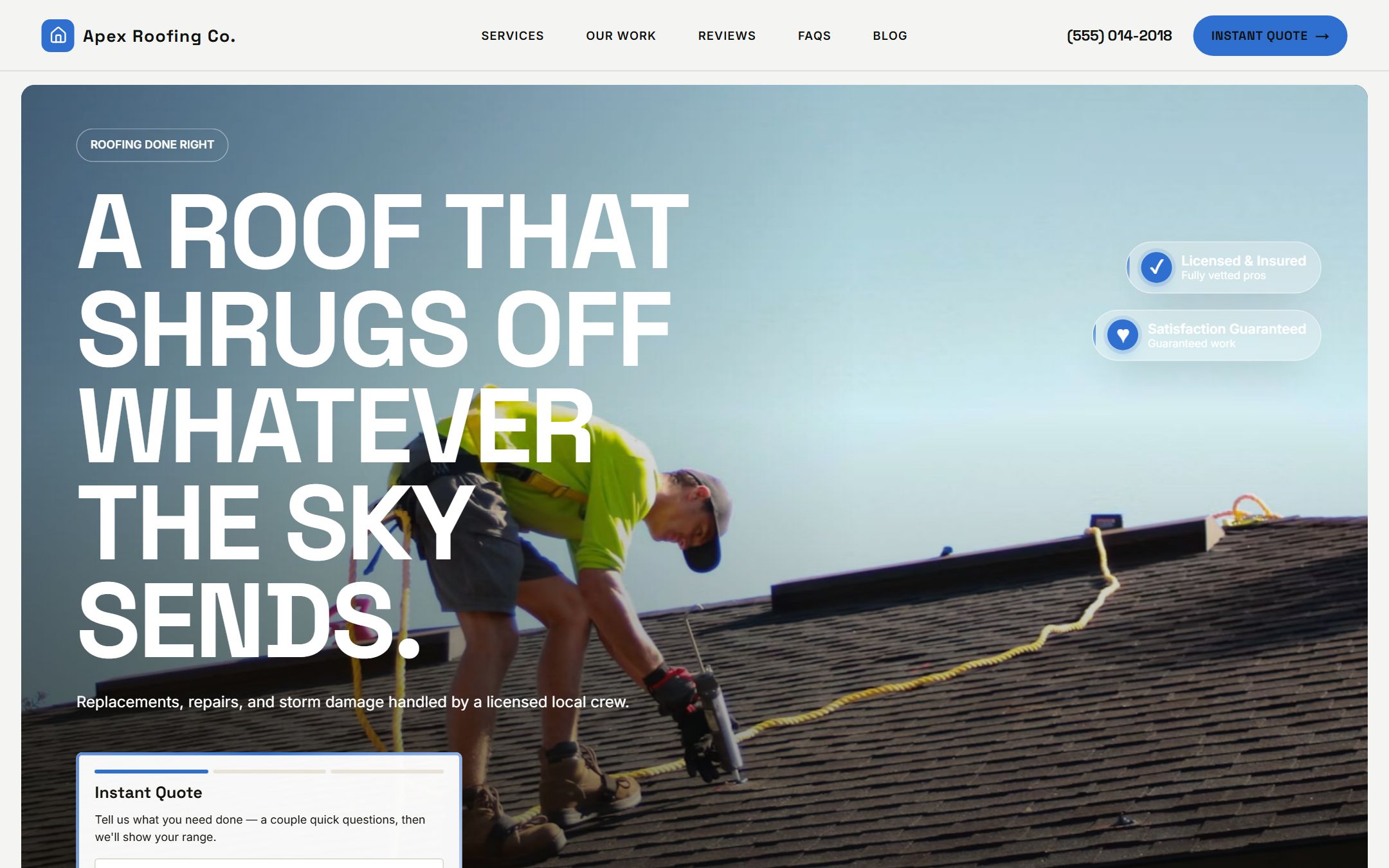 Generated Apex Roofing contractor website with an Instant Quote form visible in the hero.