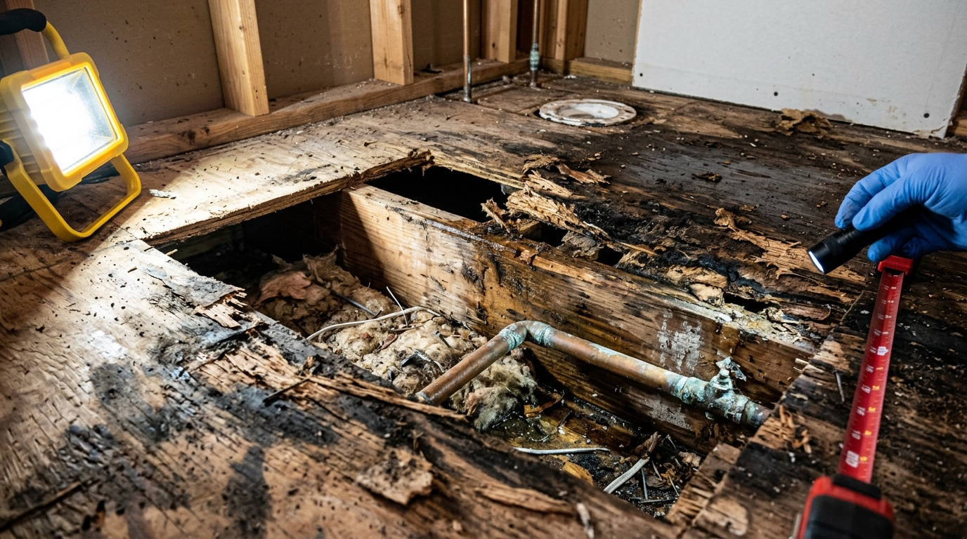 Field inspection photo showing moisture rot and joist decay on subfloor
