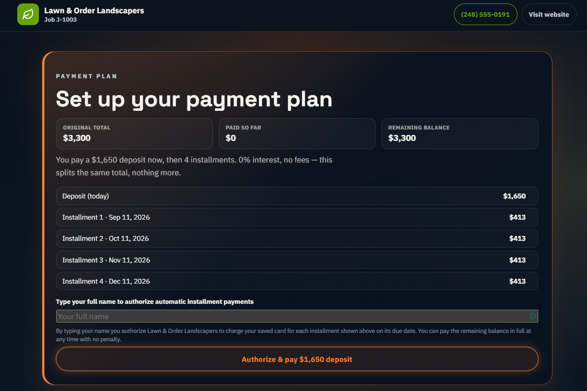 The homeowner’s payment-plan screen: a $1,650 deposit today and four $413 installments dated monthly, with a name field to authorize them.