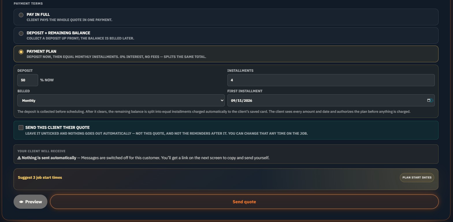 Payment terms on the quote: pay in full, deposit plus balance, or a payment plan with a 50% deposit and four monthly installments, above Preview and Send quote buttons.